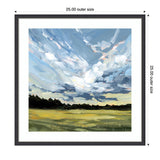 Square framed painting of a cloudy sky over a green-yellow field with dark tree line horizon, featuring bold brushstrokes and soft pastel highlights.