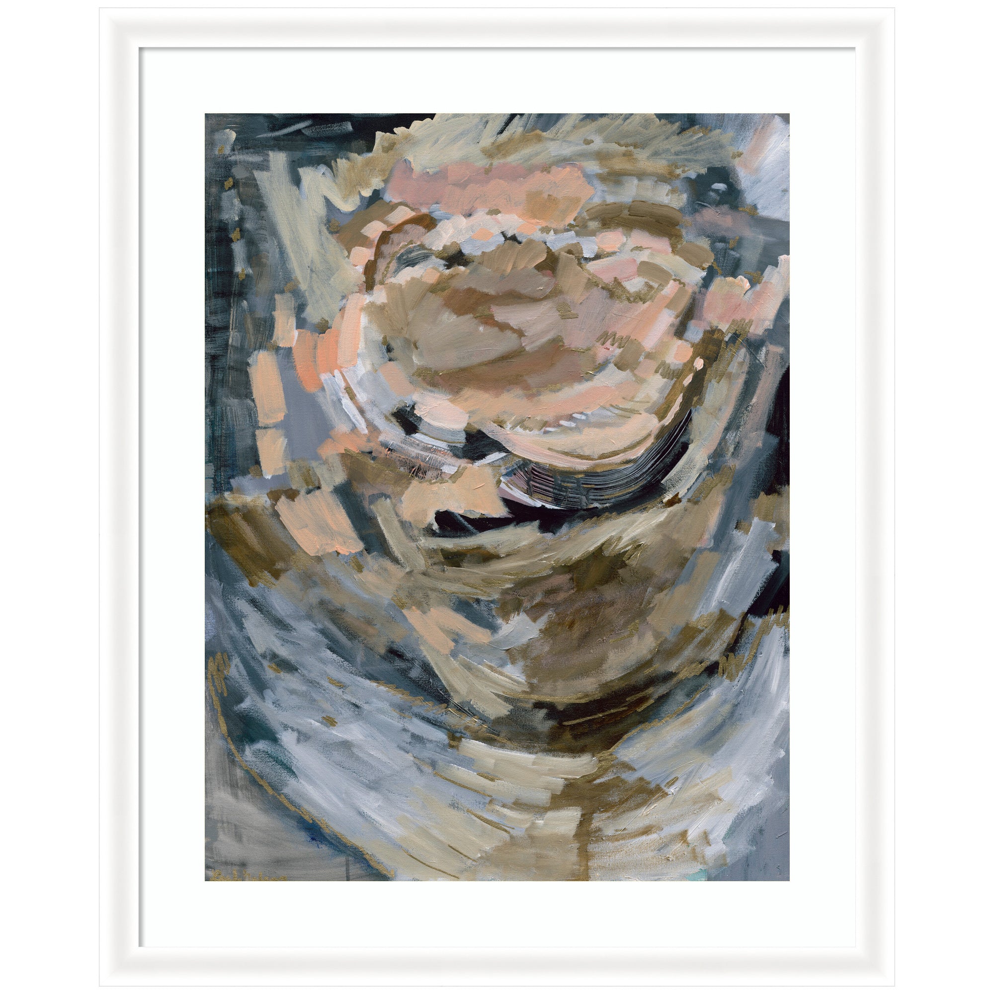 Framed Art Revival Print by Leah Nadeau with swirling brushstrokes in neutral tones set in Oliver White Narrow moulding
