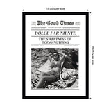 Black and white framed print mimicking a vintage newspaper front page titled The Good Times featuring a relaxed woman in retro swimwear reclining on a blanket with a hat nearby.