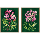 Two framed canvas artworks featuring twisting and groovy floral designs in dark gold Sylvie frames