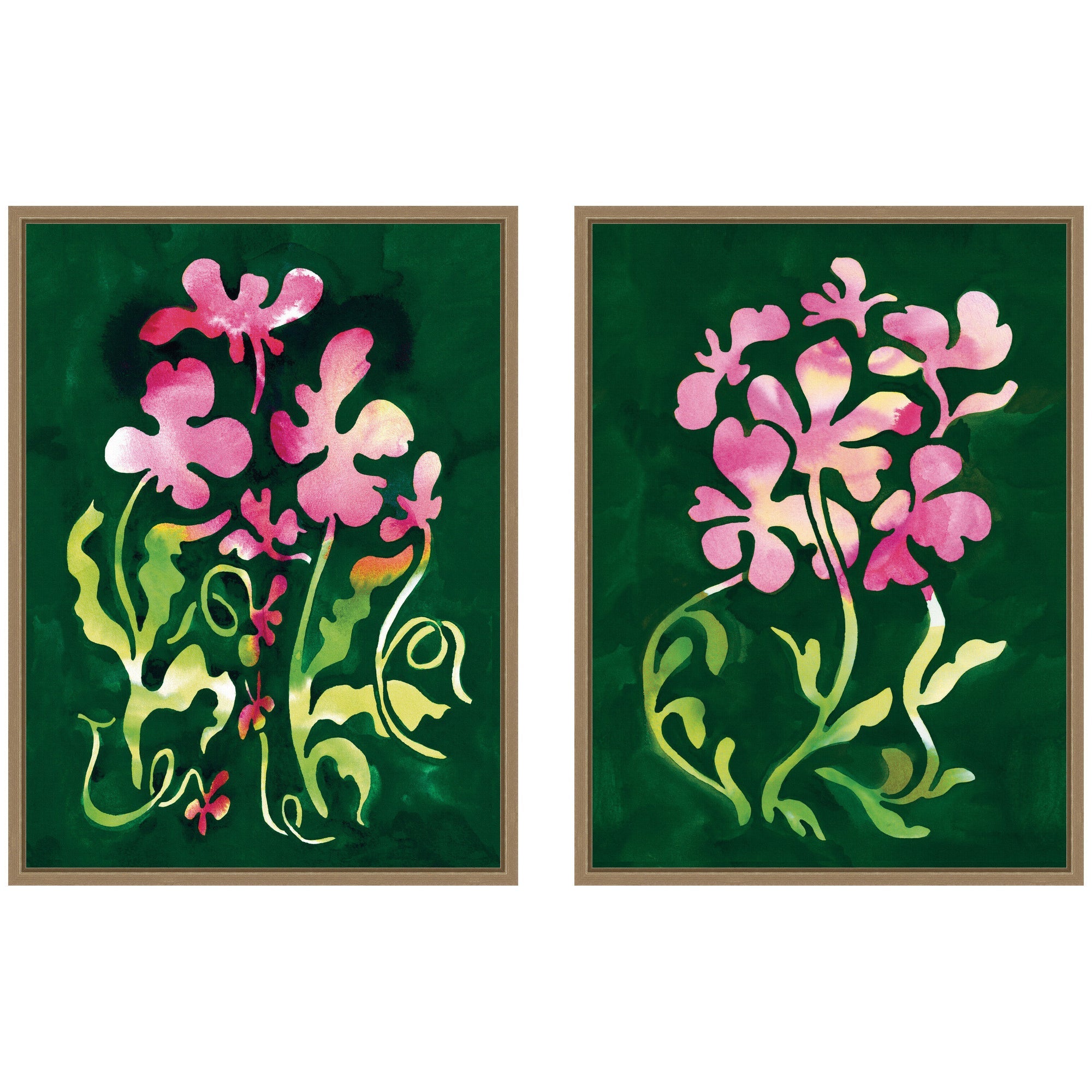 Two framed canvas artworks featuring twisting and groovy floral designs in dark gold Sylvie frames