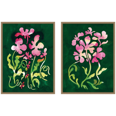 Two framed canvas artworks featuring twisting and groovy floral designs in dark gold Sylvie frames