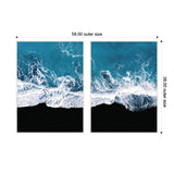 Diptych of minimalist aerial ocean waves with white foam crashing onto a black beach, divided into two vertically aligned canvases with vibrant turquoise waters.