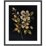 Framed Art Moody Floral 7 by Annie Quigley showing delicate muted flowers against a dark background in black narrow frame