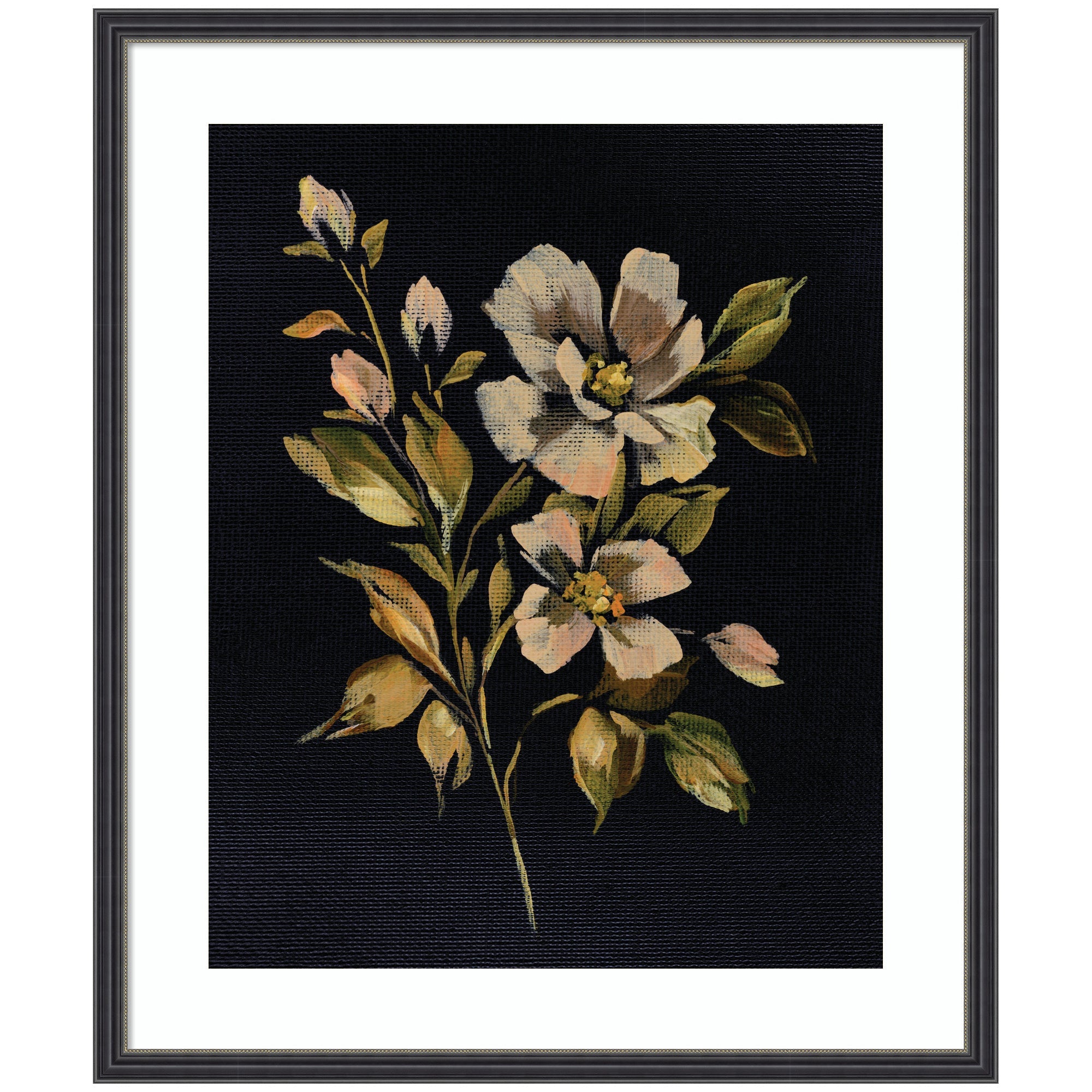 Framed Art Moody Floral 7 by Annie Quigley showing delicate muted flowers against a dark background in black narrow frame