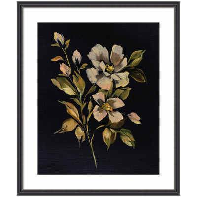 Framed Art Moody Floral 7 by Annie Quigley showing delicate muted flowers against a dark background in black narrow frame