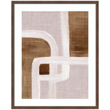 Abstract art with intersecting white lines over textured brown and muted mauve rectangular shapes, framed in a dark wood frame with white matting.