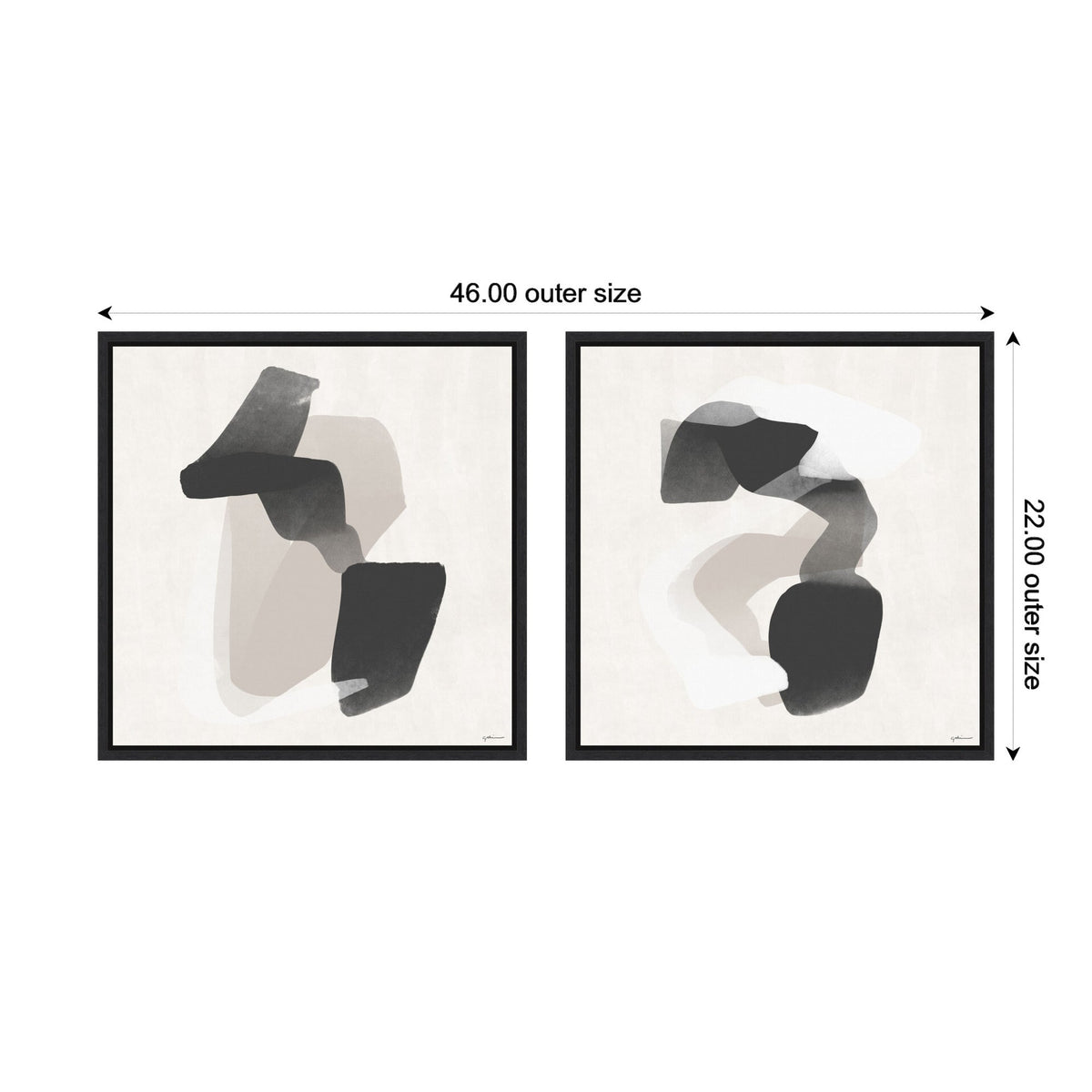 Two-piece framed wall art set featuring abstract black and gray organic shapes on a light beige background, sized 46 by 22 inches together.