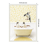Three penguins playing in a pale yellow clawfoot bathtub with white bubbles, set against a floral yellow wallpaper and white paneled wall with a yellow rug below.