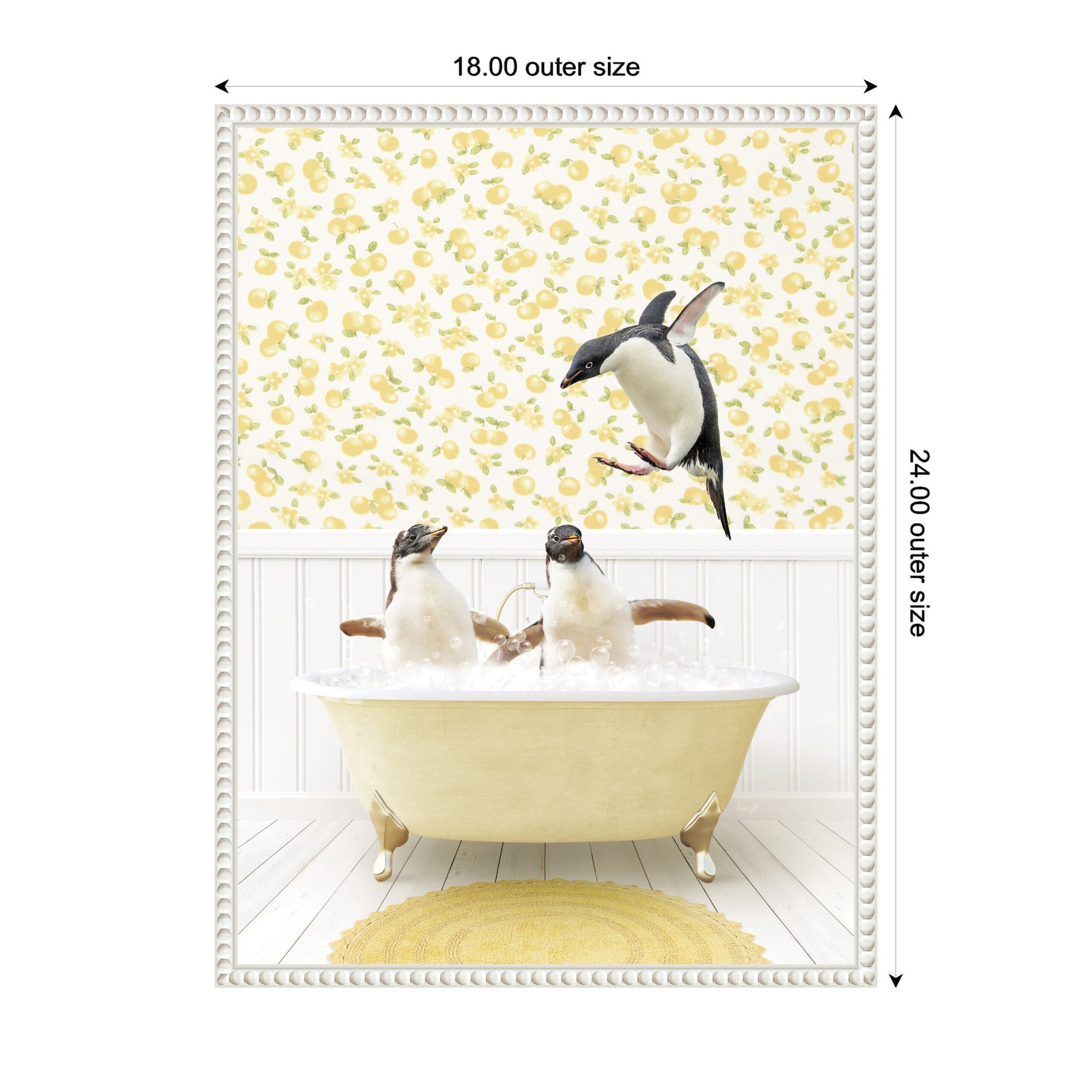 Sylvie Penguins in Cottage Yellow Bathtub Framed Canvas by Amy Peterson