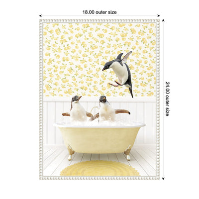 Sylvie Penguins in Cottage Yellow Bathtub Framed Canvas by Amy Peterson