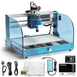 Compact blue and silver desktop CNC router with transparent side panels, included power adapter, cables, drill bits, instruction sheet, and control panel.