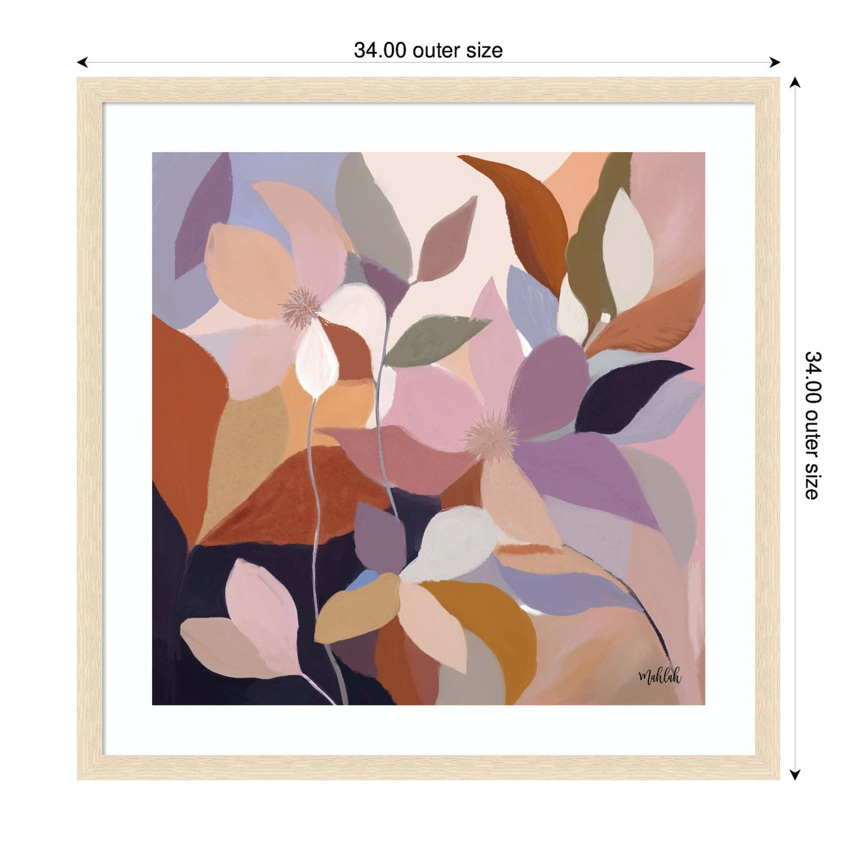 Abstract floral painting featuring large overlapping leaves in soft tones of mauve, peach, olive, and rust with delicate line details, framed in light wood.