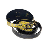 Coiled black leather collar with yellow metallic flakes and matching textured black leather leash, featuring a silver buckle and double rivets on collar.