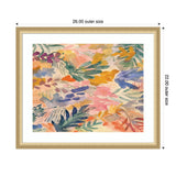 Abstract watercolor painting with overlapping floral and leaf shapes in pastel pinks, blues, greens, and yellows, framed in a simple gold frame with white matting.