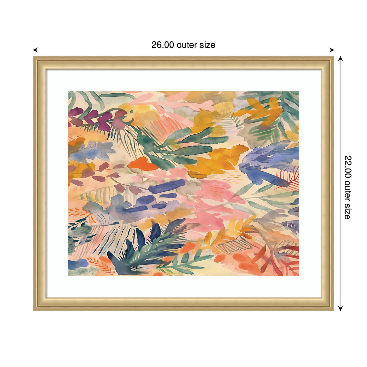 Abstract watercolor painting with overlapping floral and leaf shapes in pastel pinks, blues, greens, and yellows, framed in a simple gold frame with white matting.