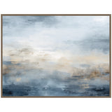 Abstract horizontal canvas with layered soft blues, grays, and beige tones evoking a misty oceanic atmosphere, framed in simple brown wood.