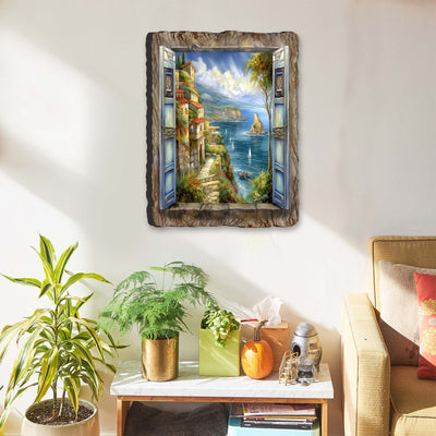 Seaside coastal view wall art by G.DeBrekht showing a window frame looking out over a sandy beach and ocean