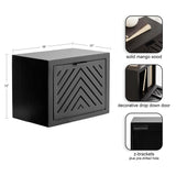 Black rectangular floating side table with a chevron-patterned drop-down door, made of solid mango wood, shown with Z-brackets and pre-drilled holes for mounting.