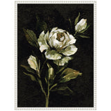 White and cream floral painting with green leaves on a textured black background, framed in an ornate white frame with a delicate beaded pattern.