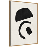 Framed canvas artwork featuring a large black semicircle atop a curved black line and irregular black oval on a white background.