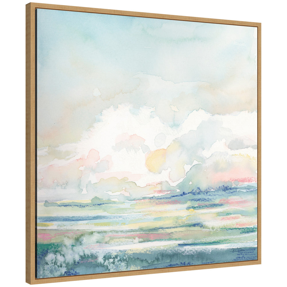 Sylvie Stillness framed canvas by Julie Maida showing a serene landscape with a vintage beaded frame