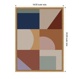 Framed abstract geometric art with rectangles and semi-circles in muted blue, brown, beige, and lavender tones, sized 18 by 24 inches outer frame.