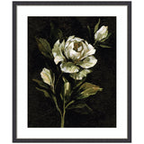 Framed art print of a white rose with two buds and green leaves on a dark black background, creating a moody and classic floral composition.