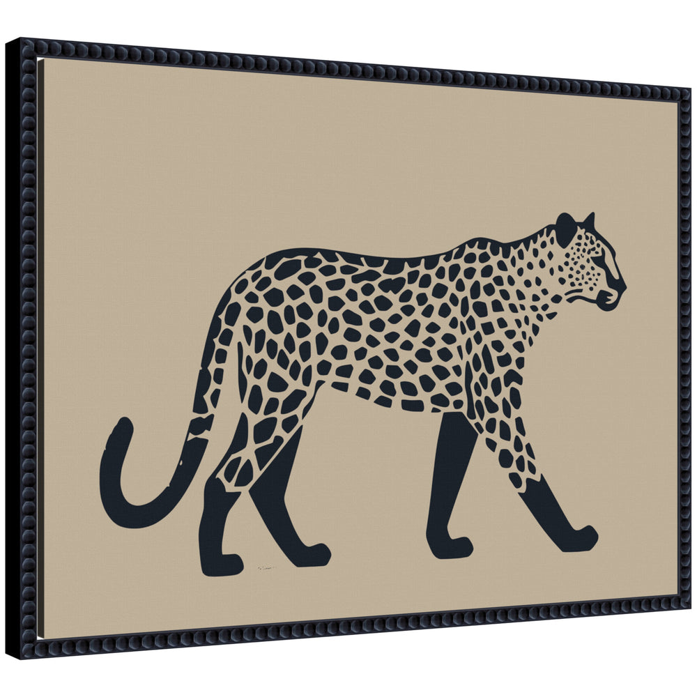 Modern Linocut Leopard 2 framed canvas art print in black beaded frame, showing stylized leopard linocut design