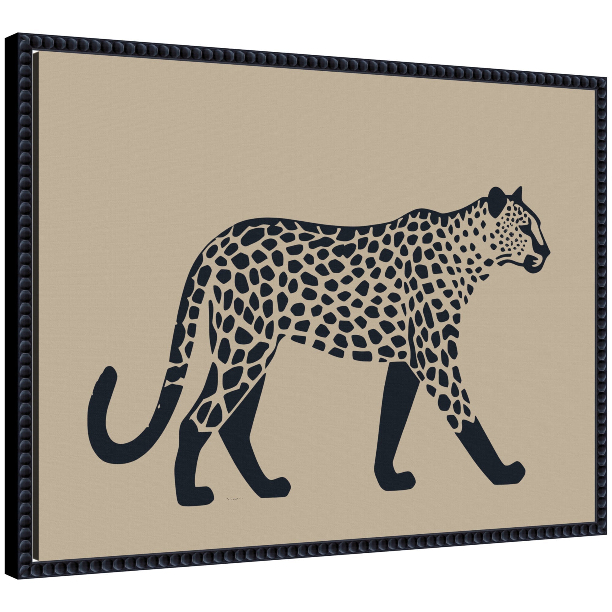 Modern Linocut Leopard 2 framed canvas art print in black beaded frame, showing stylized leopard linocut design