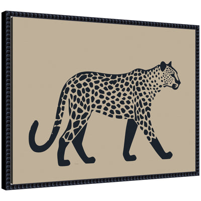 Modern Linocut Leopard 2 framed canvas art print in black beaded frame, showing stylized leopard linocut design