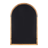 Arch-shaped wooden wall mirror frame with a natural wood finish and a smooth black backing, viewed from the reverse side showing hanging hardware.