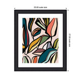 Abstract framed wall art featuring colorful, curved leaf shapes in black outlines on a light background, measuring 23 by 27 inches with a black frame.