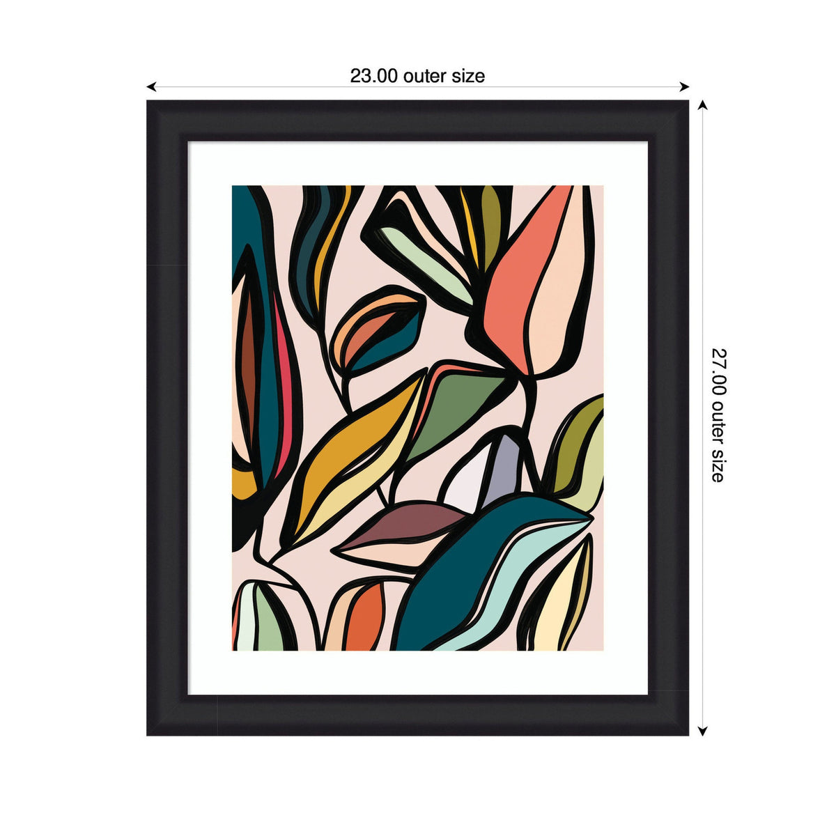 Abstract framed wall art featuring colorful, curved leaf shapes in black outlines on a light background, measuring 23 by 27 inches with a black frame.