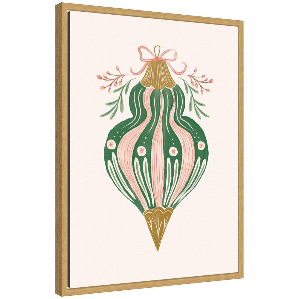 Framed canvas featuring a green and pink vintage-style ornament with gold accents and leafy sprigs on a cream background.