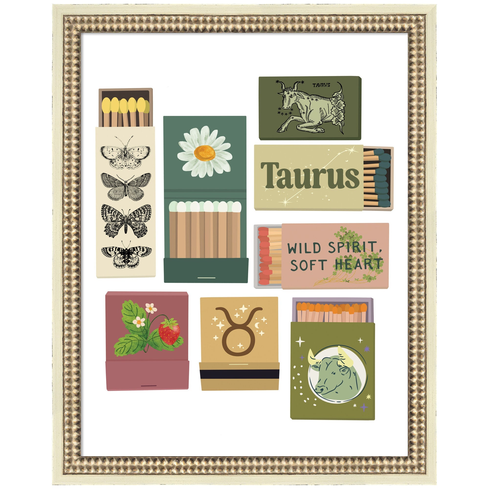 Framed wall art print titled Taurus Matchbooks 14x18 FC by Megan Ryan in castellated distressed white frame