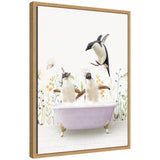 Sylvie Penguins in Spring Bathtub framed canvas art by Amy Peterson showing penguins in a pastel-toned bathtub scene