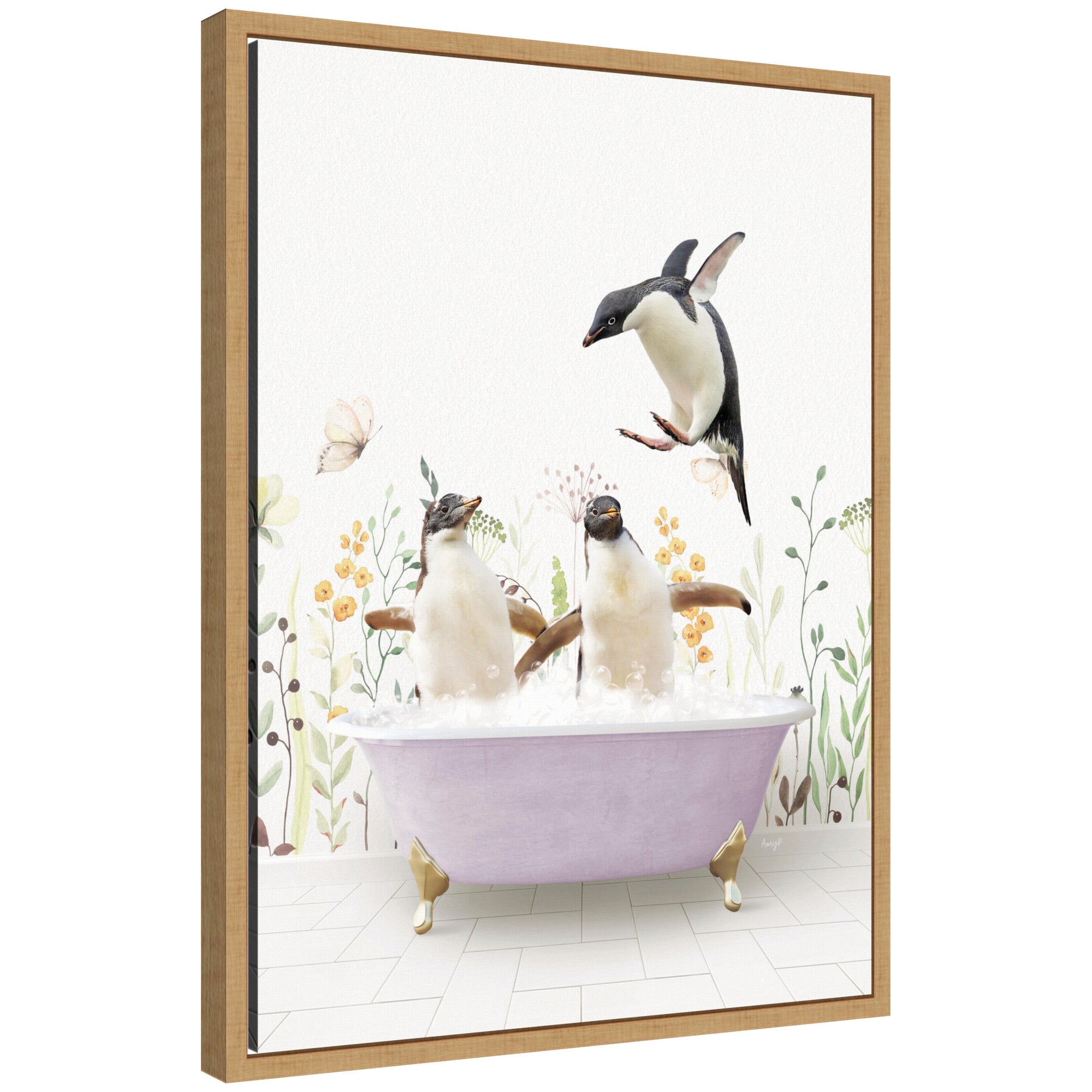 Sylvie Penguins in Spring Bathtub framed canvas art by Amy Peterson showing penguins in a pastel-toned bathtub scene