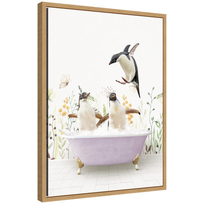 Sylvie Penguins in Spring Bathtub framed canvas art by Amy Peterson showing penguins in a pastel-toned bathtub scene