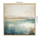 Abstract landscape painting with soft beige and brown tones blending into teal and light blue resembling a calm lake under a pale sky, framed in natural wood.