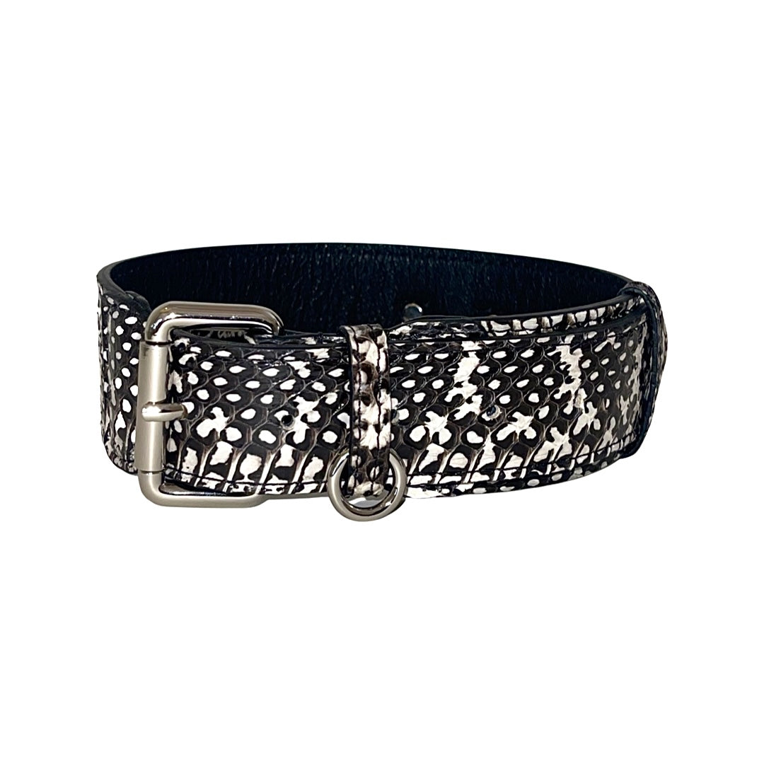 Black and white snake pattern dog collar with silver hardware laid flat