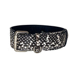 Black and white snake pattern dog collar with silver hardware laid flat