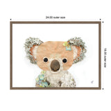 Artistic koala portrait with textured beige ears resembling moss, a large dark nose, and small flowers on its head against a white background in a brown frame.