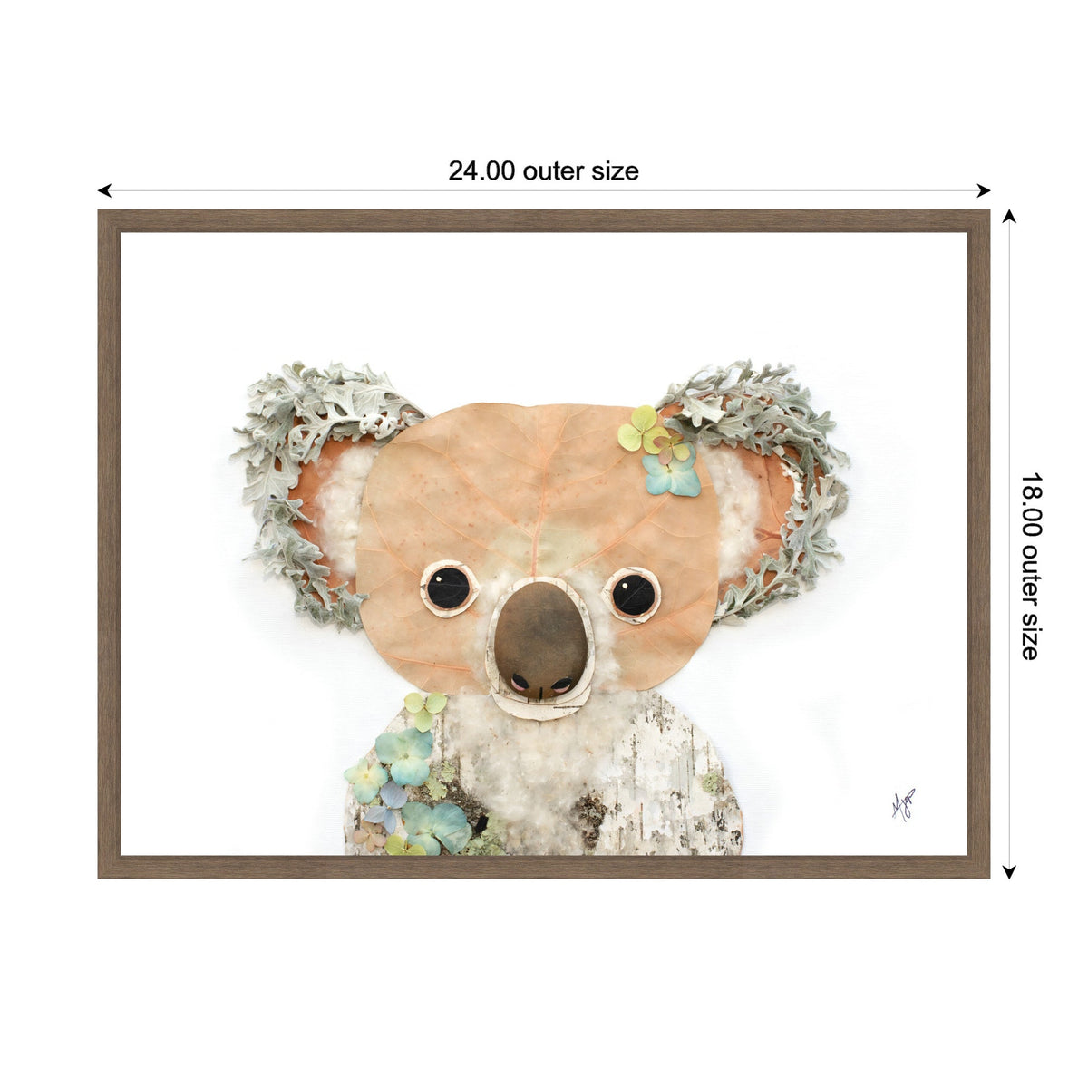 Artistic koala portrait with textured beige ears resembling moss, a large dark nose, and small flowers on its head against a white background in a brown frame.