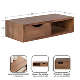 Rectangular walnut-finished solid wood floating side table with one open shelf and a storage drawer featuring a curved pull, dimensions 22"x10"x5.5".