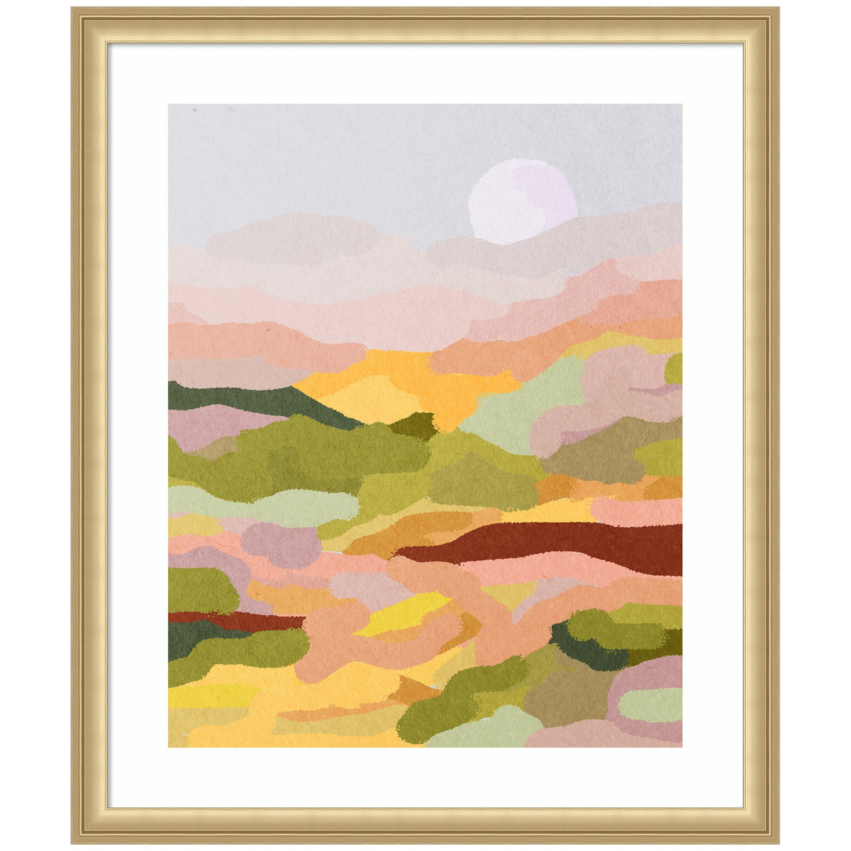 Abstract landscape artwork with layered pastel hills in shades of pink, green, yellow, and brown under a pale lavender sky with a faint sun or moon.