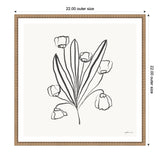 Minimalist black-and-white line drawing of six delicate flowers with elongated petals and slender leaves on a square canvas with a light wood frame.