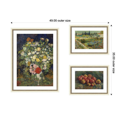 Apples 1887, Bouquet of Flowers in a Vase 1890, & Garden at Arles by Vincent Van Gogh 3 Piece Framed Wall Art Print Set