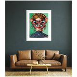 Framed wall art depicting a woman with curled red hair and a large, colorful moth covering her eyes against a green background, hanging above a brown leather sofa.