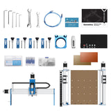 Top-down view of PROVerXL 4030 CNC router components including frame, blue and black router parts, tools, cords, manual, and accessory kits neatly laid out on white background.